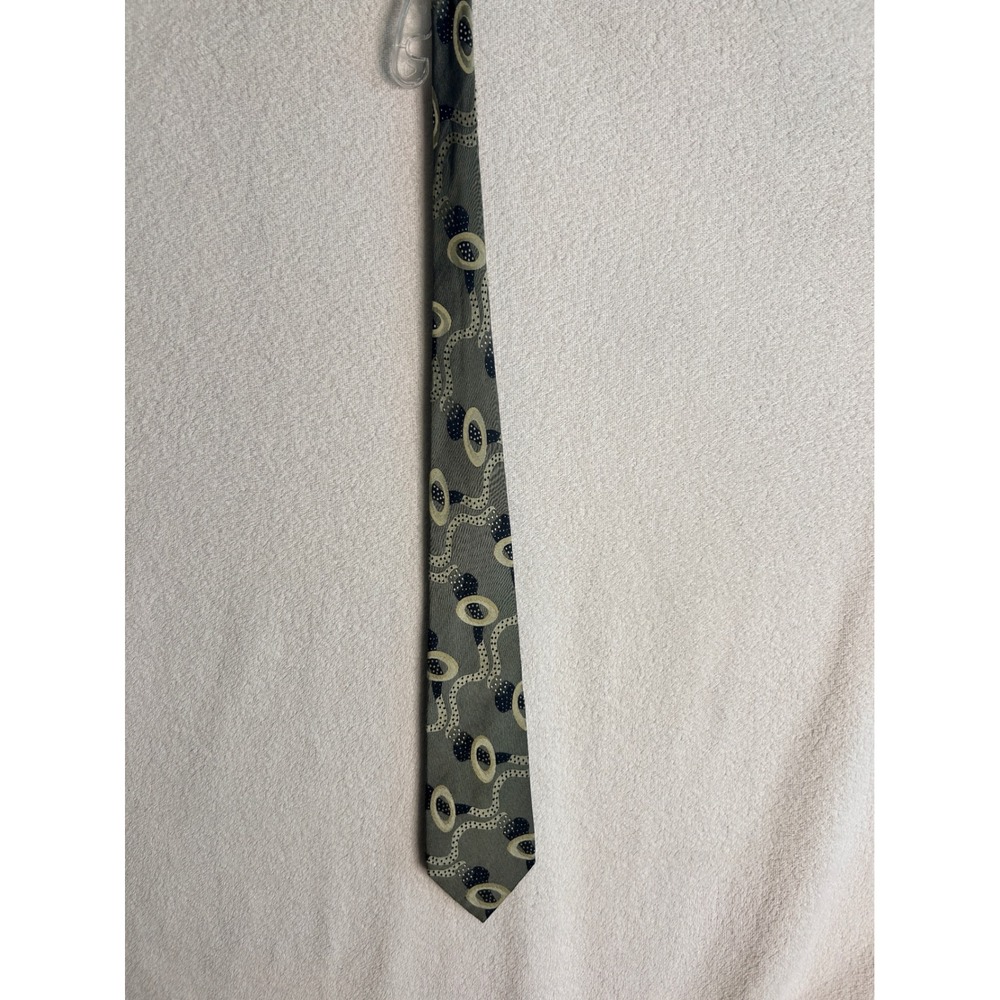 Montezemolo Italy Mens Silk Necktie Abstract Geometric Olive Green Grey Tie